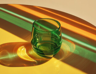 Aufkleber - A green glass sits on a yellow surface, bathed in warm sunlight creating vibrant orange and green light streaks across the reflective surface.