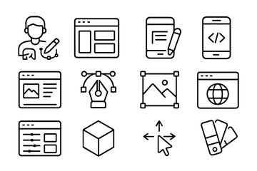 Fototapete - Vector illustrations representing digital design tools and activities used by graphic designers in a creative workspace