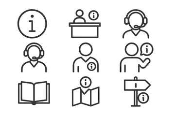 Poster - Information and assistance icon set featuring customer service representatives, signs, and guides for various contexts