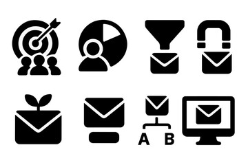 Poster - Vector illustration icons representing marketing concepts such as target audience, data analysis, email communication, and growth potential