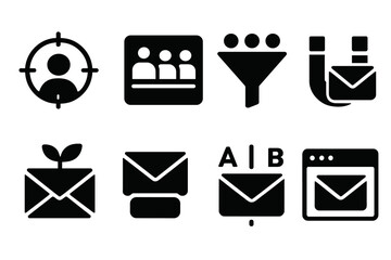 Poster - Vector illustration icons representing communication, data processing, and marketing activities in a modern digital environment