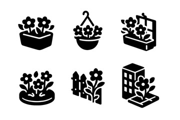 Poster - Flower garden vector illustration icons showing various flower arrangements in pots, hanging baskets, planters, and urban settings