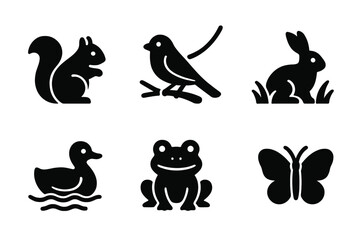 Poster - Various vector illustration icons of animals including a squirrel, bird, rabbit, duck, frog, and butterfly in black silhouette