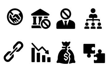 Poster - Business and finance vector icons illustrating various concepts like partnership, economy, and problem-solving strategies