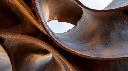 Poster - Abstract rusty metal sculpture with swirling, organic forms creating intriguing tunnels and voids, illuminated by natural light, showcasing a unique texture and deep brown tones. : Generative AI