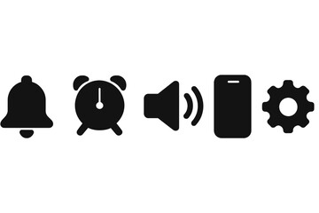 Poster - Vector illustration icon set featuring a bell, alarm clock, sound speaker, smartphone, and gear symbol for notifications and alerts