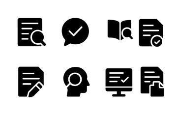 Poster - Vector illustration icons depicting document review, research, communication, and digital interaction in a modern workspace setting