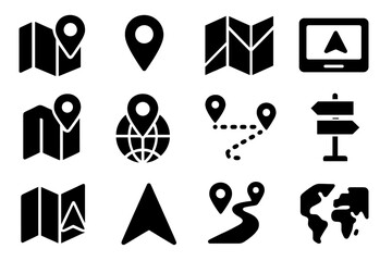 Poster - Vector illustration icons showcasing navigation elements such as maps, location pins, and directional signs for travel and exploration