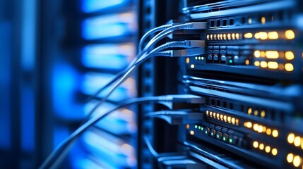 Poster - Close-up view of network server rack with glowing lights and fiber optic cables connected, showcasing modern data center technology. : Generative AI