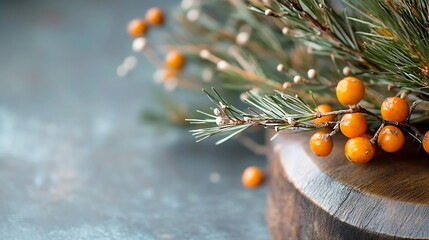 Poster - Close-up of vibrant orange berries nestled amongst lush green pine needles, resting on a rustic wooden surface.  A touch of winter's beauty. : Generative AI