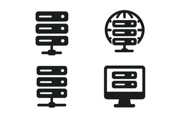 Poster - Vector illustration icon set featuring server racks and computer monitor with globe representing data storage and networking