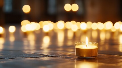 Leinwandbilder - A single, lit tea light candle rests on a dark wooden surface, surrounded by a bokeh of warm, golden candlelight in the background, creating a serene and peaceful atmosphere. : Generative AI