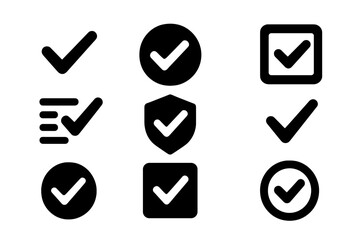Poster - Vector illustration of various check mark icons in different styles representing approval and completion in diverse contexts
