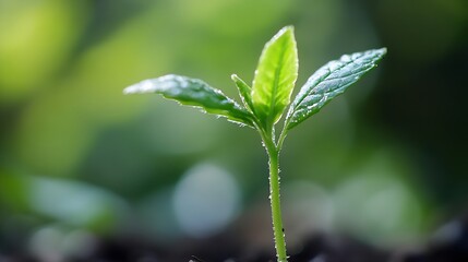 Aufkleber - A vibrant green seedling emerges from the earth, its leaves glistening with morning dew, bathed in soft sunlight filtering through a blurred green background. : Generative AI