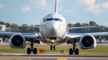 Poster - Close-up view of a modern passenger airplane's front landing gear during landing, showcasing its sleek design and powerful engines against a blurred background of runway and sky. : Generative AI