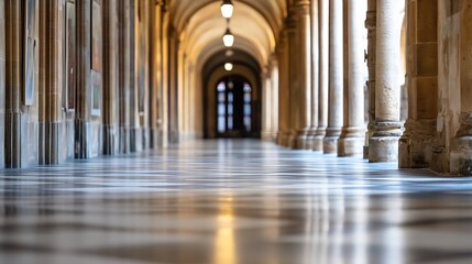 Fototapete - A long, perspective view of a marble-floored colonnade, featuring classical columns and arched ceilings, with paintings visible on the side walls, creating a sense of grandeur and hist : Generative AI