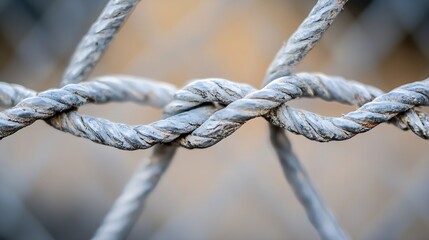 Aufkleber - Close-up of a weathered, twisted metal wire fence, showing intricate details of the knotted strands and textured surface. The blurred background suggests an outdoor setting. : Generative AI