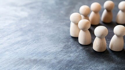 Fototapete - Wooden figurines arranged in a circle on a dark gray textured surface, representing a team or community gathering. : Generative AI