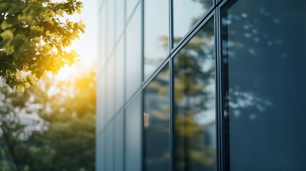 Aufkleber - Modern building facade with large glass windows reflecting sunlight and tree branches, creating a serene and professional atmosphere. : Generative AI