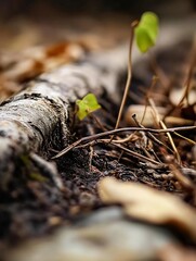 Poster - Close-up view of a decaying log in the forest, with small green plants sprouting from the soil nearby, showcasing nature's resilience and the cycle of life. : Generative AI