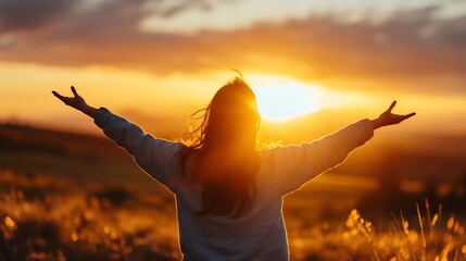 Poster - Silhouette of a woman with arms outstretched, enjoying the warm glow of a vibrant sunset over a golden field. : Generative AI