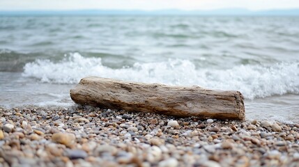 Aufkleber - Driftwood log rests on a pebble beach with gentle waves washing ashore, creating a serene coastal scene. : Generative AI