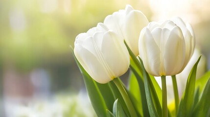 Poster - Close-up of three pristine white tulips, bathed in soft sunlight, their delicate petals gently unfurling against a blurred green background. : Generative AI