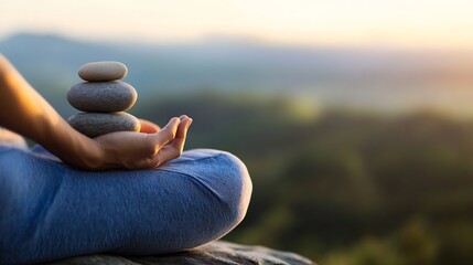 Aufkleber - Woman meditates outdoors, balancing three grey stones in her hands, serene sunset landscape in the background. Peaceful yoga pose on a mountaintop. : Generative AI
