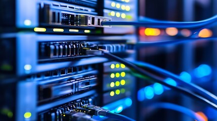 Poster - Close-up view of network cables connected to server rack, glowing lights illuminate the scene, showcasing data center technology. : Generative AI