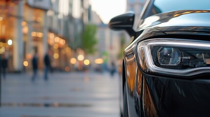 Poster - Close-up of a sleek, black luxury car headlight, parked on a city street with blurred background of shops and pedestrians.  The car's polished surface reflects the urban environment. : Generative AI