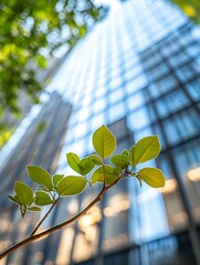 Aufkleber - Green leaves sprout against a blurred backdrop of a modern glass skyscraper, symbolizing growth and environmental consciousness in urban settings. : Generative AI