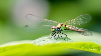 Poster - A vibrant green dragonfly rests on a bright, lime-green leaf, its delicate wings spread wide, showcasing intricate vein details against a soft, blurred background. : Generative AI