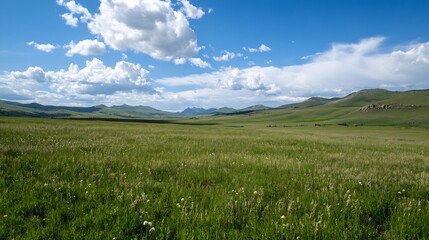 Aufkleber - Vast green meadow under a bright blue sky, dotted with fluffy white clouds and rolling hills in the distance, creating a serene and peaceful landscape. : Generative AI