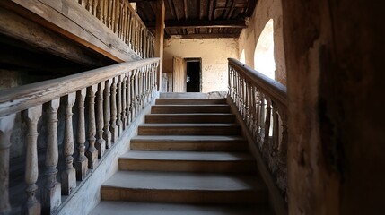 Fototapete - Ancient wooden staircase inside a historic building, featuring weathered balustrades and a dusty stone stairway leading to a closed door. : Generative AI