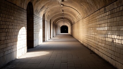 Poster - Sunlit arched passageway, long perspective view of a tiled tunnel, sunlight streaming through arched openings, creating shadows on the floor. : Generative AI
