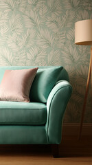 Poster - Teal velvet sofa with pink cushion against a green leaf patterned wallpaper background, showcasing a cozy and elegant home interior design concept