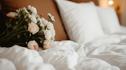 Aufkleber - A bouquet of delicate blush pink roses and white flowers rests gently on a crisp white bed, creating a serene and romantic atmosphere. : Generative AI