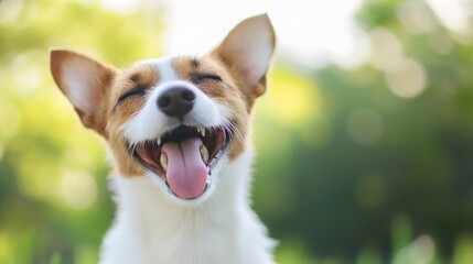 Poster - Happy Jack Russell Terrier dog with eyes closed, tongue out, enjoying a sunny day outdoors.  The dog's fur is a mix of white and brown, and the background is blurred green foliage. : Generative AI