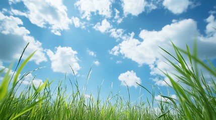 Aufkleber - Vibrant green grass blades reaching towards a bright, sunny sky filled with fluffy white clouds, a picturesque summer scene. : Generative AI