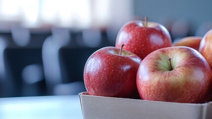Poster - Close-up of three ripe red apples in a light wooden crate, sitting on a table with a blurred background of a modern interior. : Generative AI
