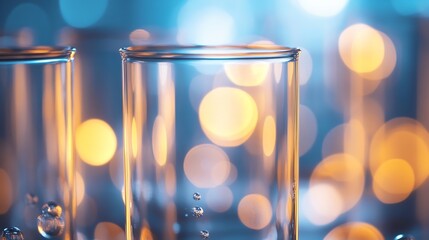 Poster - Close-up of two glass beakers with liquid droplets falling against a bokeh background of blue and gold lights.  The image evokes a sense of scientific experimentation or laboratory set : Generative AI