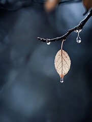 Poster - Single, dried leaf hangs from a branch, with water droplets clinging to it and the branch, against a blurred, dark-blue background.  A serene autumnal scene. : Generative AI