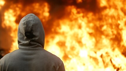 Leinwandbilder - Person in hooded sweatshirt observes a large, intense fire burning in the background, flames are bright orange and yellow. : Generative AI