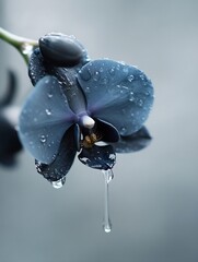 Poster - Close-up of a dark blue orchid flower with water droplets, a single drop falling from a petal, showcasing the intricate details and textures of the bloom against a soft, blurred backgr : Generative AI