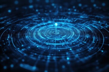 Fototapete - Blue glowing circles emanate from a central point with geometric patterns. Ideal for representing technology, networks, data flow, or futuristic concepts.