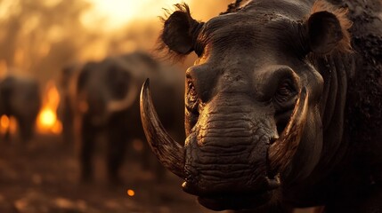 Aufkleber - Close-up portrait of a majestic babirusa, its prominent tusks gleaming in the warm sunset light, with blurred elephants in the background. : Generative AI