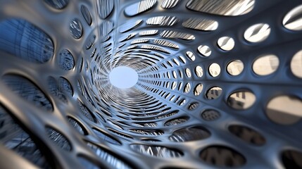 Fototapete - Abstract architectural visualization: a futuristic metallic tunnel with an organic, perforated design, showcasing a bright sky through its openings. : Generative AI