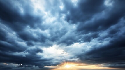 Poster - Dramatic sunset scene with dark, brooding cloudscape and a radiant sun breaking through, creating a breathtaking contrast of light and shadow. : Generative AI