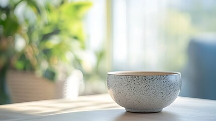 Leinwandbilder - A speckled, light grey ceramic bowl sits on a light wood table, bathed in soft sunlight with a blurred green plant background. : Generative AI