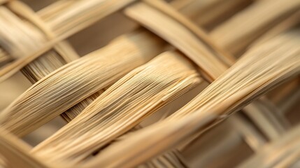 Fototapete - Close-up view of intricately woven beige plant fibers, showcasing a detailed texture and pattern of natural material, ideal for backgrounds or design elements. : Generative AI